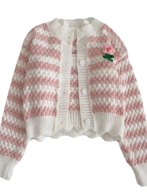 Two Piece Fashion Striped Floral Sweet Knitted Tank Top With Cardigan